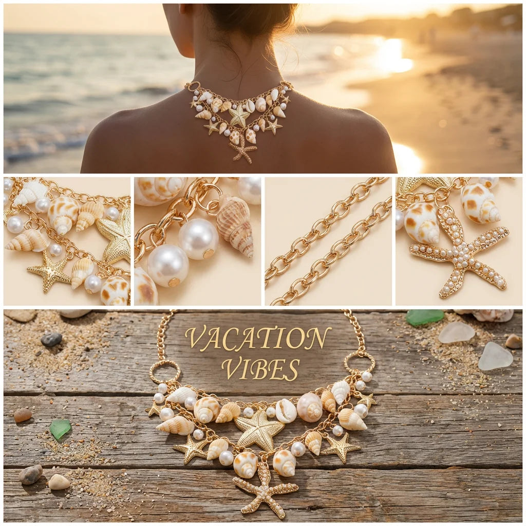 Collier pendentif étoile de mer exagéré pour femmes, coquillage, imitation perle, bracelets chaîne, bijoux de plage d'été, cadeau de vacances MAEJORKEN