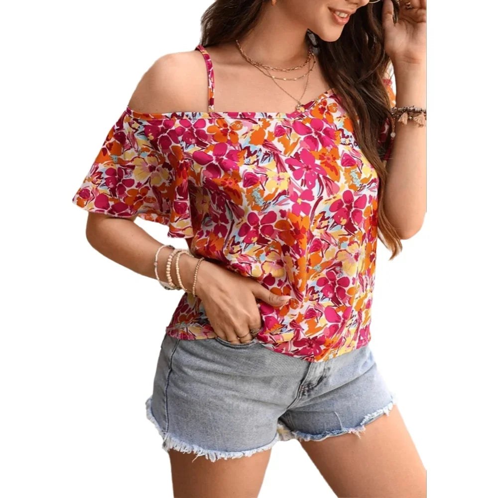 Haut Cami pour femme à imprimé floral, bretelles spaghetti, épaules dénudées, manches courtes, style bohème décontracté pour le printemps, l'été, la plage et les vacances MAEJORKEN
