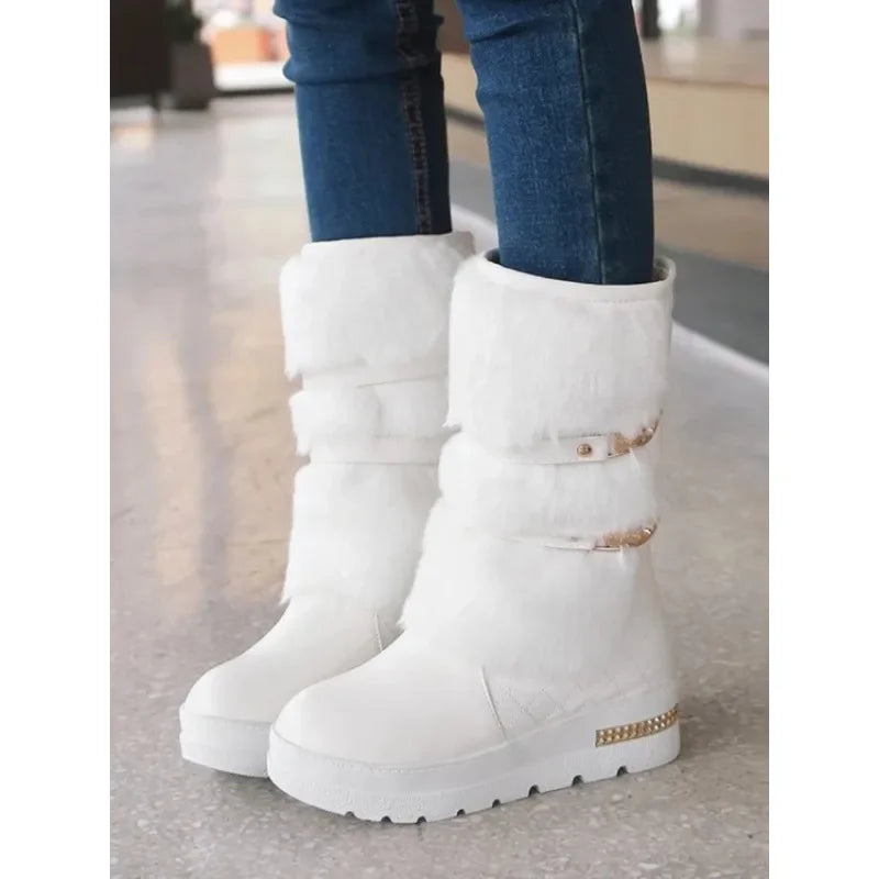 Bottes de neige à fond plat pour femmes, bottes en laine à tube moyen suréWer, chaussures en coton avec grande ceinture, bottes en velours pour femmes, hiver MAEJORKEN