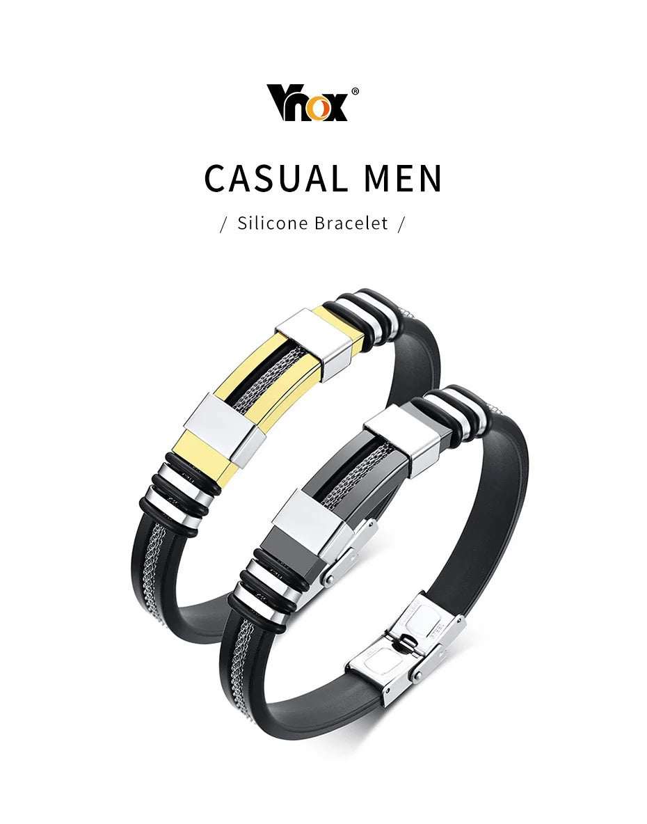 Vnox - Bracelet en acier inoxydable, bracelet pour homme, bracelet punk à maillons en silicone rainuré noir, bracelet punk élégant et décontracté MAEJORKEN