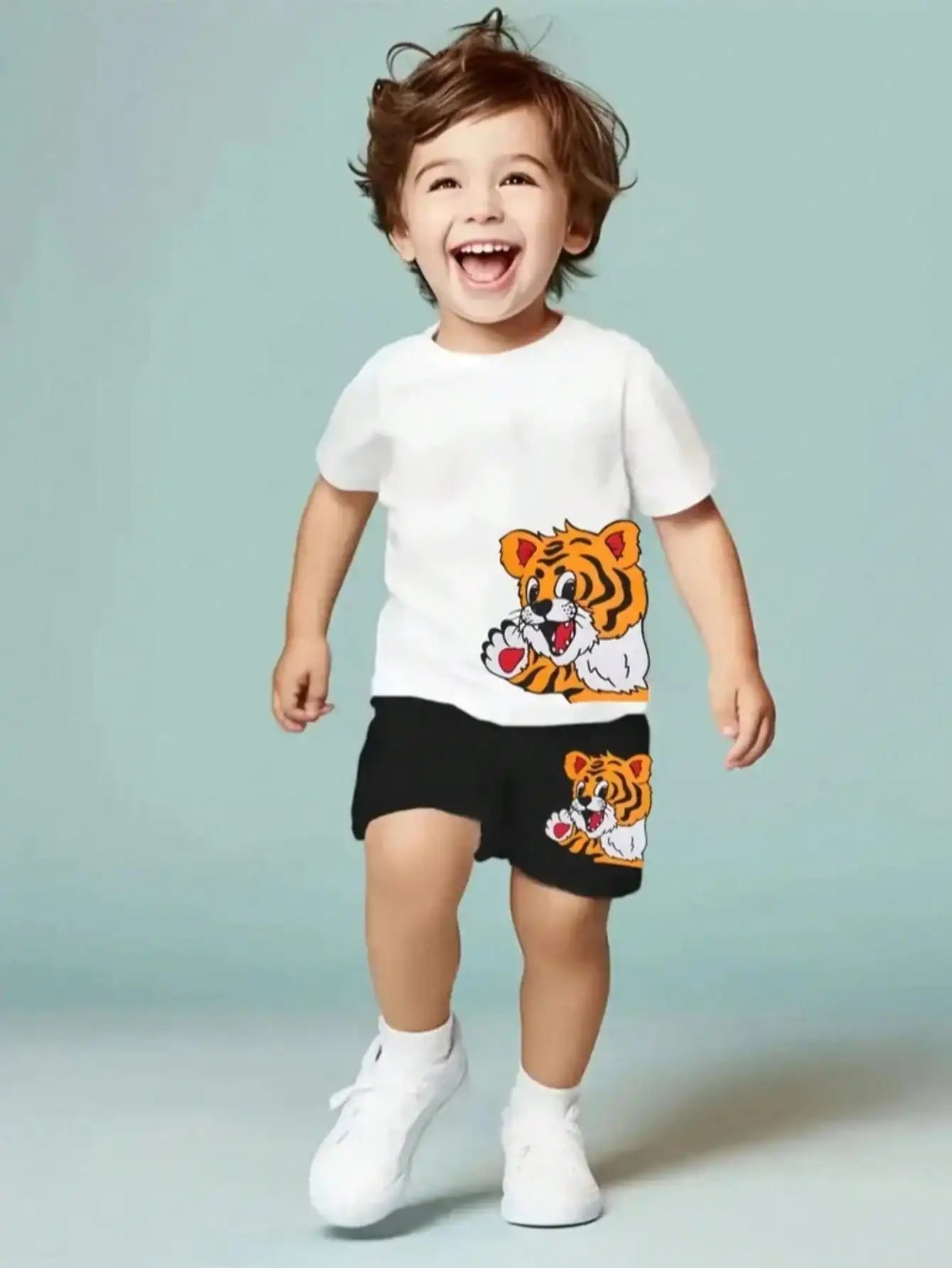 Ensemble de vêtements d'été pour enfants, T-shirt à col rond imprimé tigre, haut + short à taille élastique imprimé tigre, couleur unie du 6 mois au 3 ans MAEJORKEN