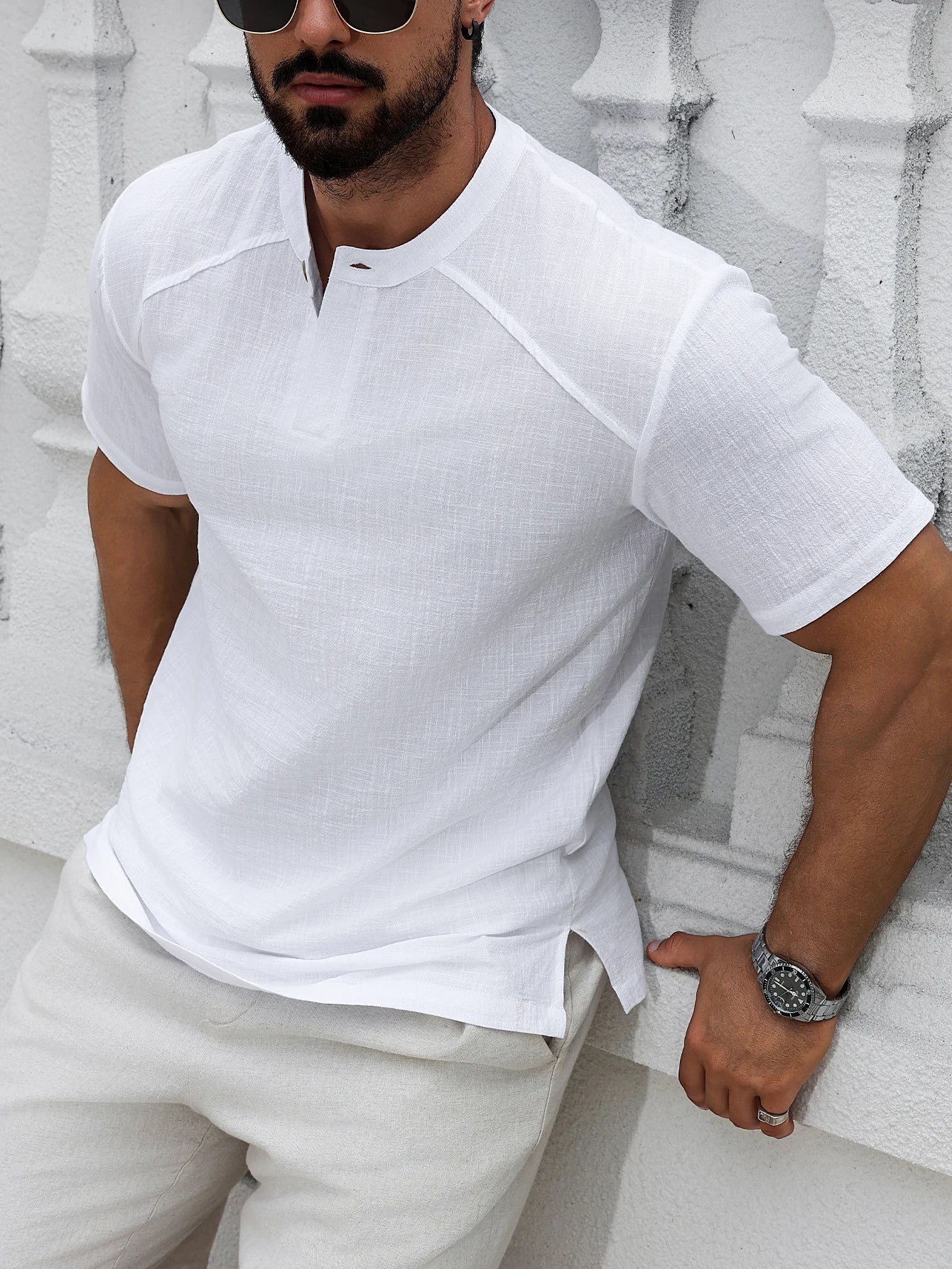 1 pièces hommes lin à manches courtes petit haut col rond pull décontracté couleur unie col Henry T-Shirt avec boutons mode Hippie MAEJORKEN