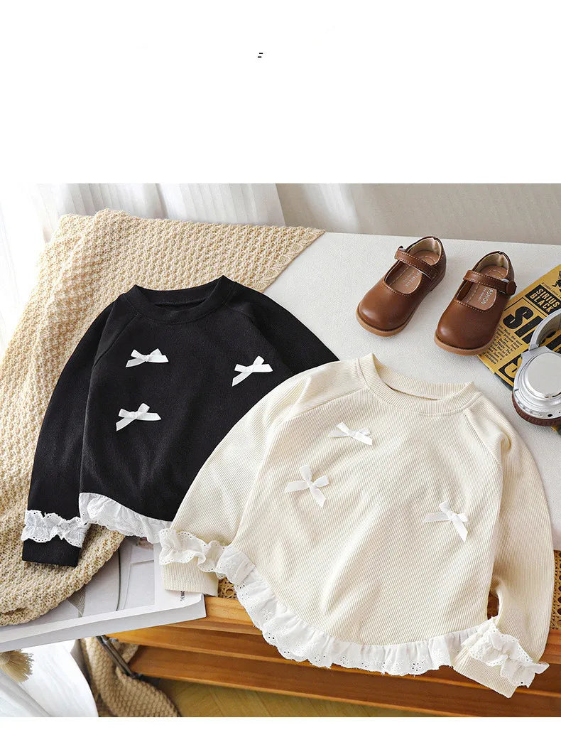 T-shirt à manches longues pour filles, avec nœud en dentelle, Style coréen, chemise inférieure de printemps pour enfants, nouvelle collection automne MAEJORKEN