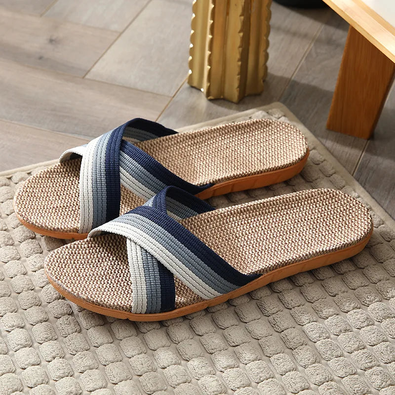 Hommes chaussures pantoufles lin maison intérieure bout ouvert chaussure plate plage pantoufles rayé épissé en caoutchouc sandales Zapatillas Hombre MAEJORKEN
