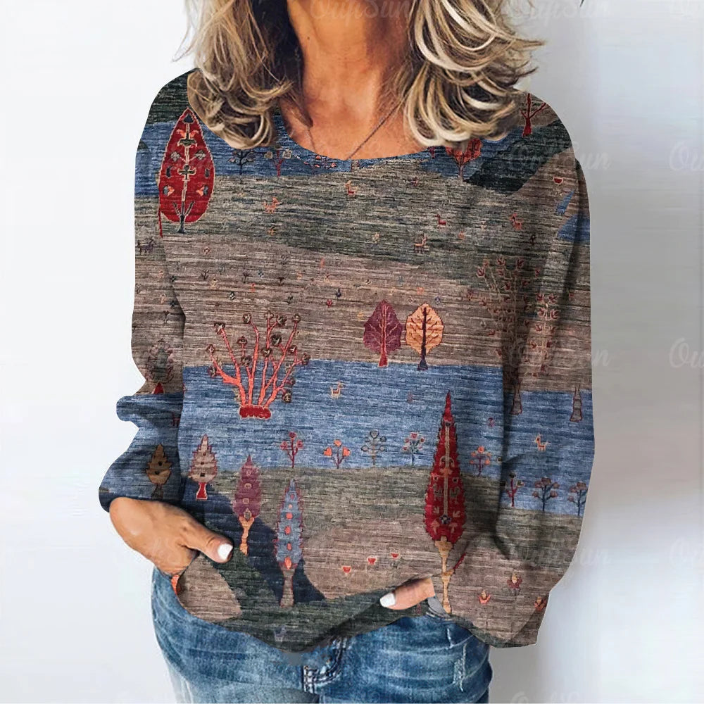 T-shirt à manches longues imprimé paysage naturel pour femmes, vêtements décontractés pour femmes, mode rétro, Y-03/adt MAEJORKEN