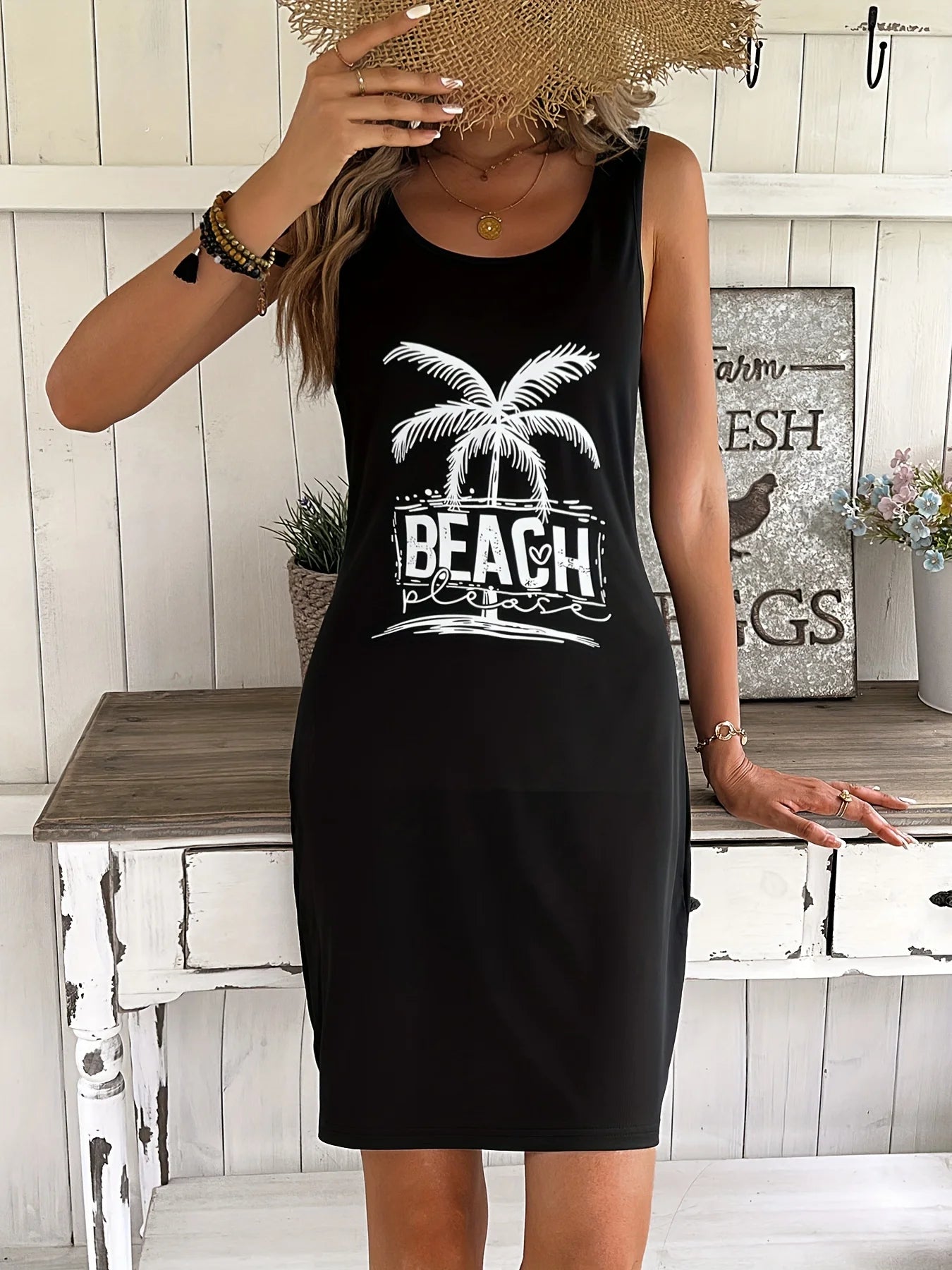 Robe d'été ample et confortable pour femmes, décontractée, motif soleil et lune imprimé, noir, gilet sans manches, jupe, style punk MAEJORKEN