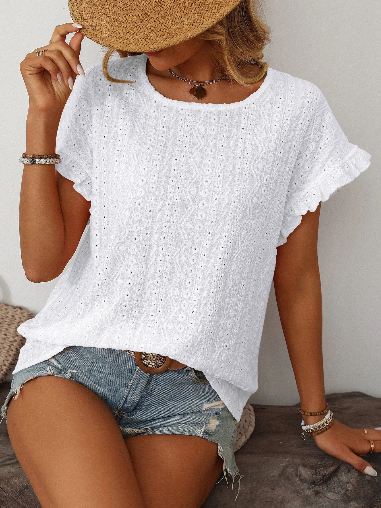 T-shirt à manches courtes et col rond pour femme, couleur unie, doux, ajouré du S au 2XL
