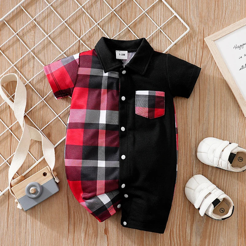 Polo à carreaux en Patchwork pour nouveau-né, vêtements confortables et doux pour garçons et filles, combinaison d'été à manches courtes pour bébé MAEJORKEN