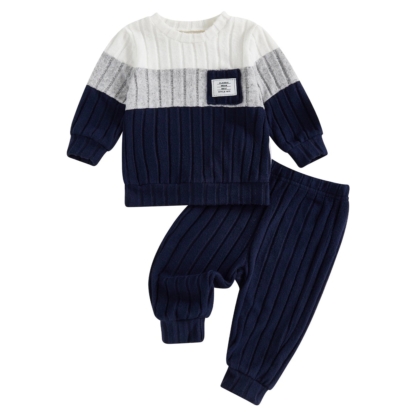 VISgogo 0-3 ans garçons automne 2 pièces ensembles de vêtements à manches longues col rond Patchwork pull couleur unie pantalon MAEJORKEN