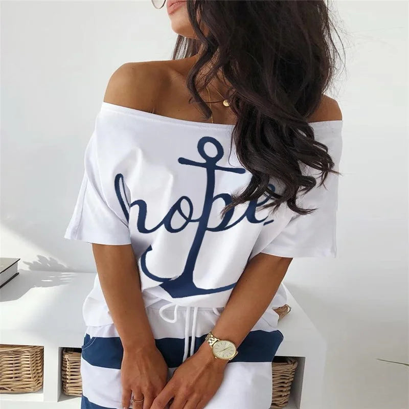 Ensemble t-shirt à épaules dénudées et jupe longue rayée du S au 5XL