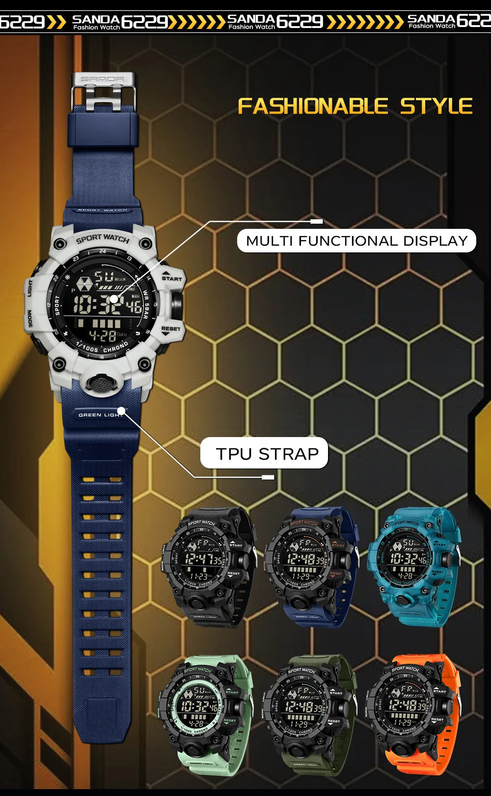 SANDA Sports de plein air hommes montre LED étanche analogique numérique spectacle multifonction grand cadran électronique montre-bracelet G style mâle Cloc MAEJORKEN