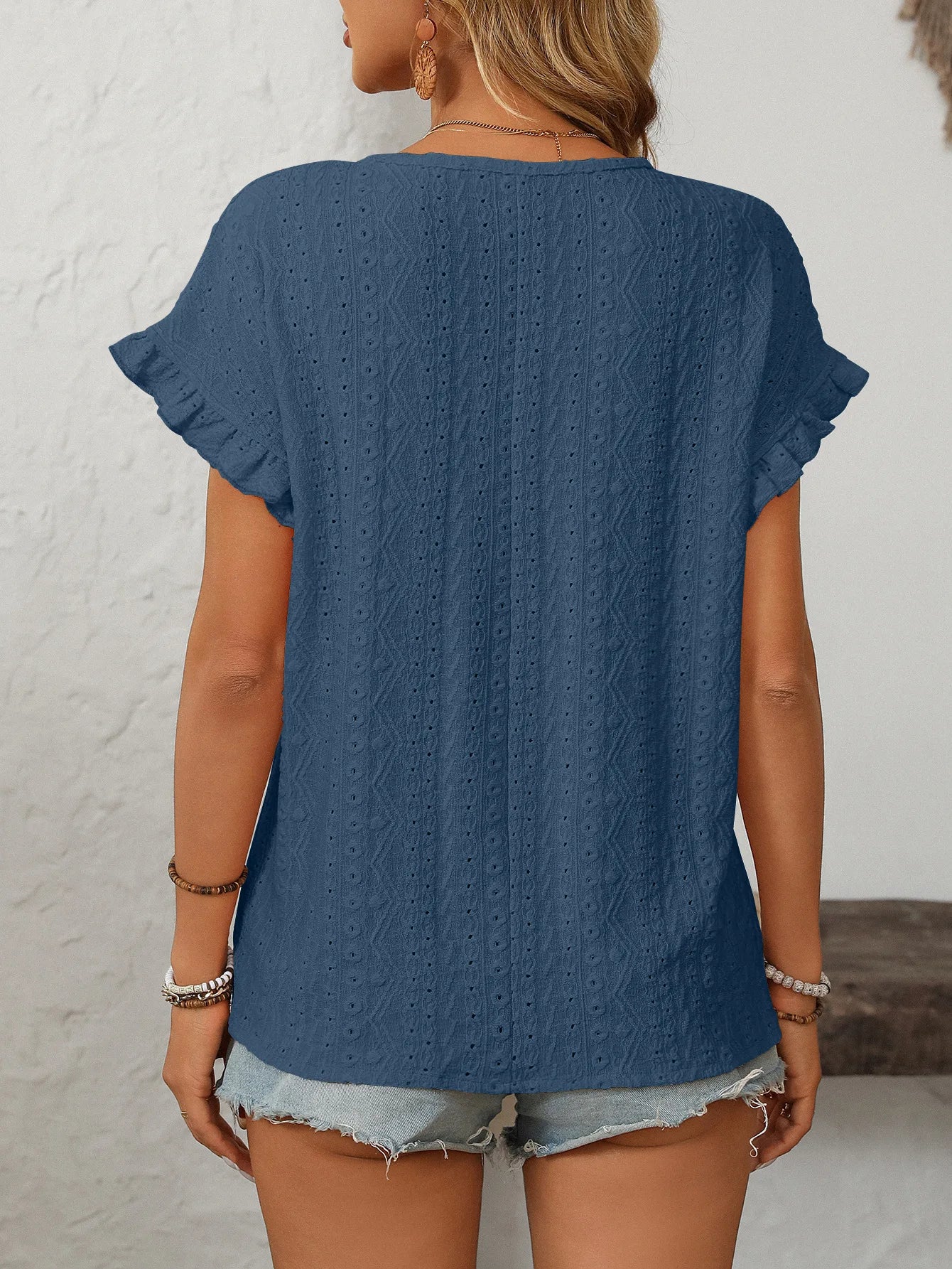 T-shirt à manches courtes et col rond pour femme, couleur unie, doux, ajouré du S au 2XL