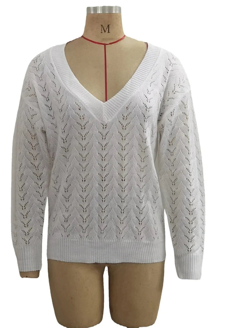 Pull à col en V profond pour femme, pull évidé, manches longues, document solide, chaud, élégant, femme, attrayant pour l'UE, automne, hiver, nouveau MAEJORKEN