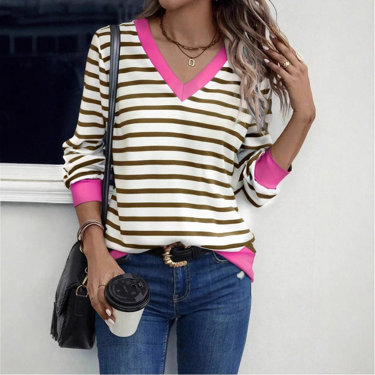Nouvelle Collection Automne 2026 – T-shirt Femme Décontracté et Confortable à Rayures Colorées, Col en V, Manches Longues MAEJORKEN