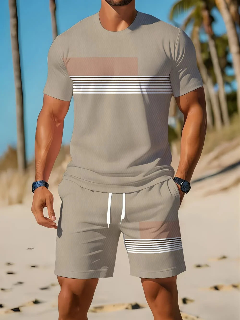 Nouvel Arrivage Été 2026 – Ensemble Décontracté Homme Deux Pièces : Chemise Rayée Imprimée 3D à Manches Courtes et Short de Sport – Ensemble de Fitness pour Homme MAEJORKEN