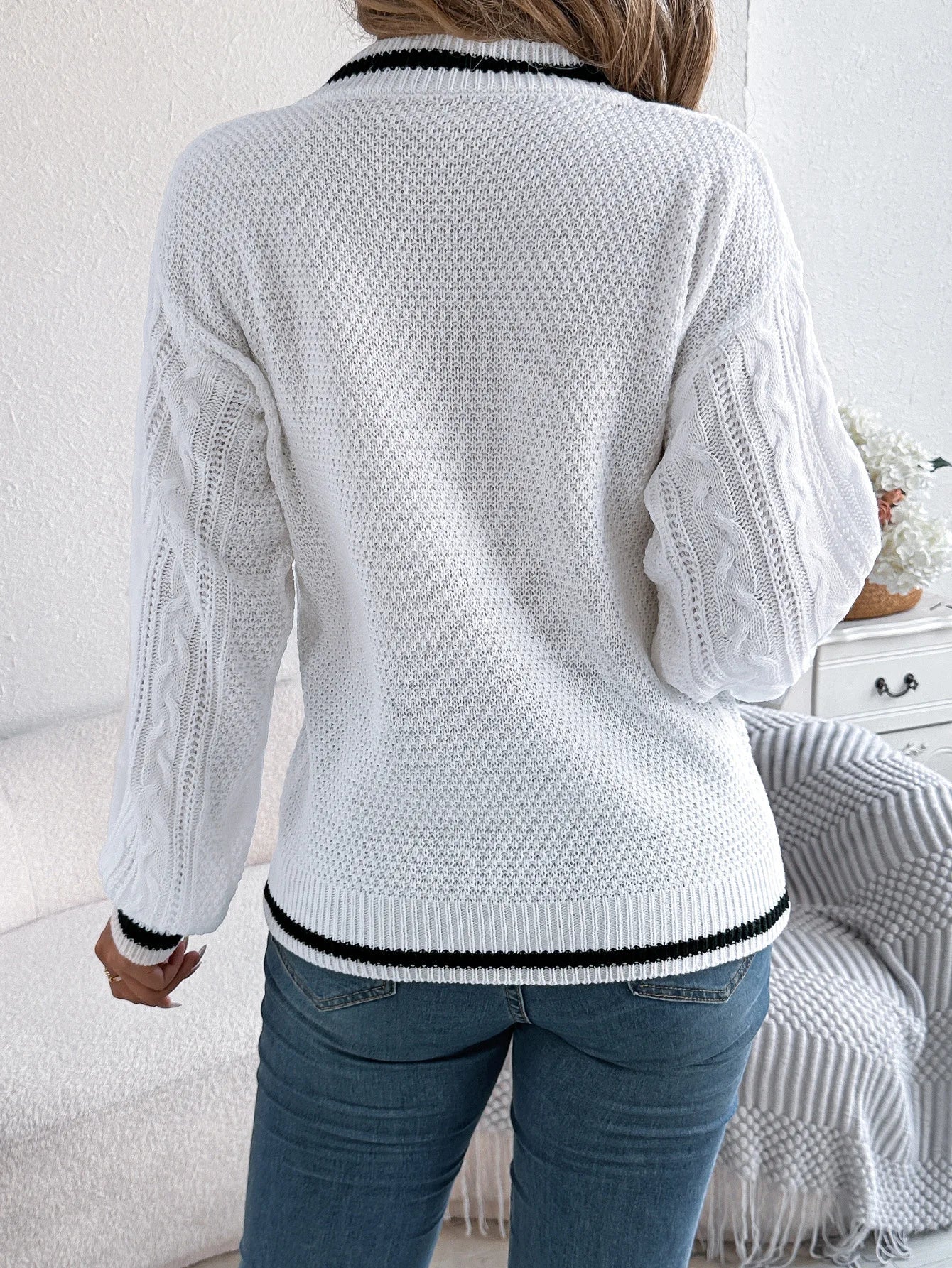Pull en tricot torsadé à col en V pour femme, bloc de couleur, manches longues, ample, décontracté, tricoté MAEJORKEN