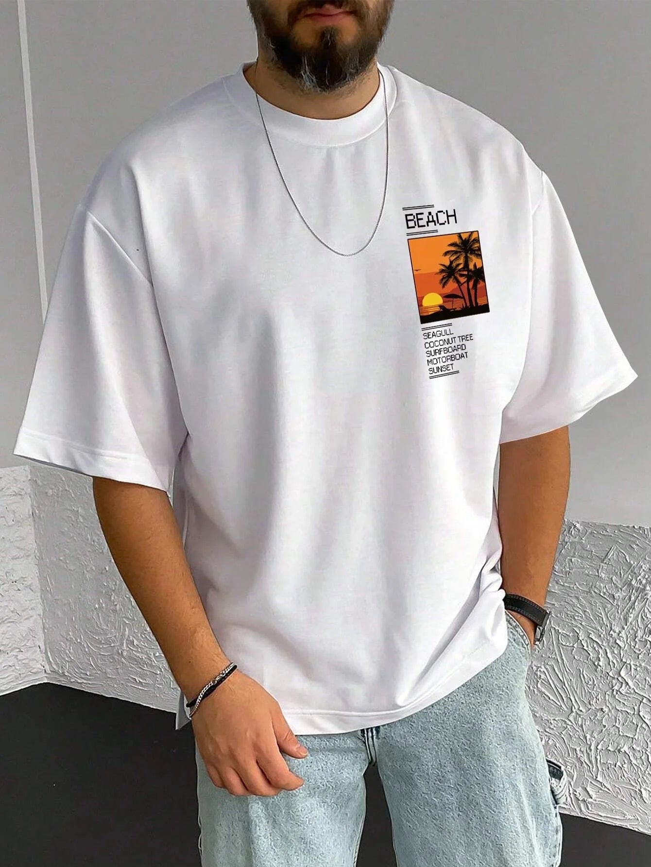 T-shirt manches courtes col rond homme, ample, 100% coton, été, imprimé graphique cocotier et salon, coupe cintrée, sport décontracté MAEJORKEN