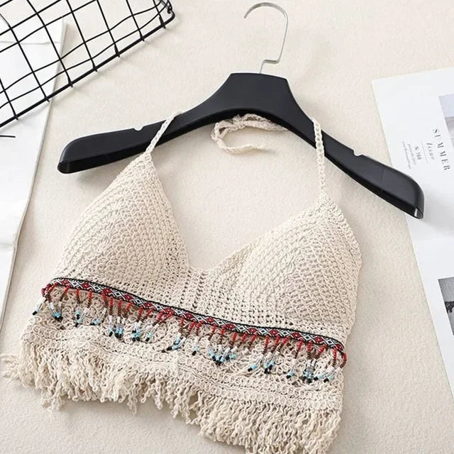Soutien gorges de maillot de bain de plage sexy pour femmes, dos nu, col licou, crochet, tricot,  glaçure creuse, pompon, haut précieux MAEJORKEN