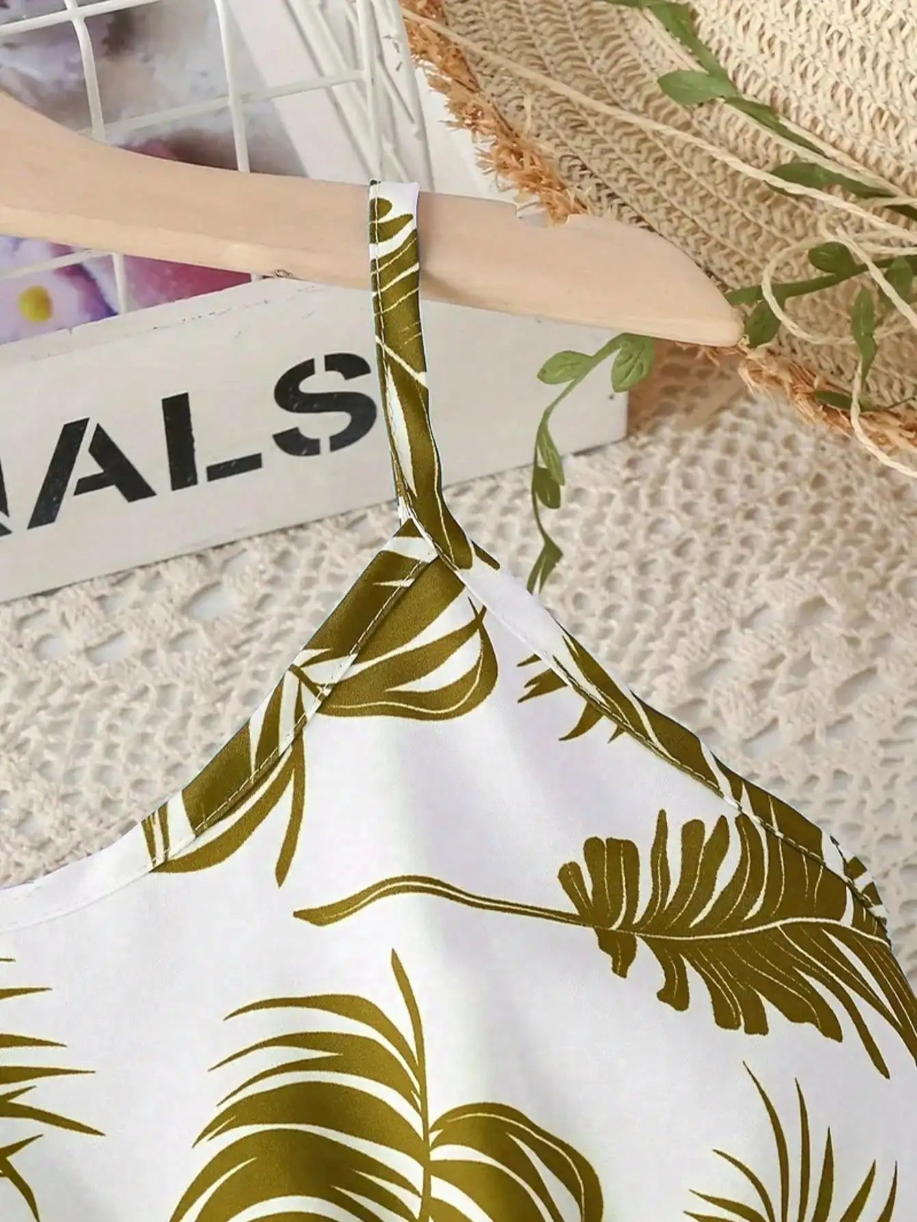 Robe d'été sans manches à imprimé feuilles pour fille - mélange de polyester extensible décontracté, design épaules dénudées, longueur genou, jupe de plage du 8 au 12 ans MAEJORKEN