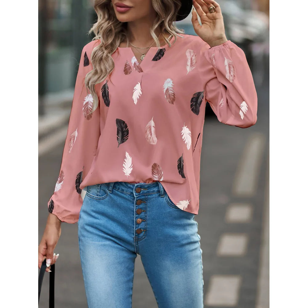 Mode femme Blouse chemises pour femmes haut élégant à manches longues motif de plumes femmes hauts élégant en mousseline de soie Mujer femme vêtements MAEJORKEN
