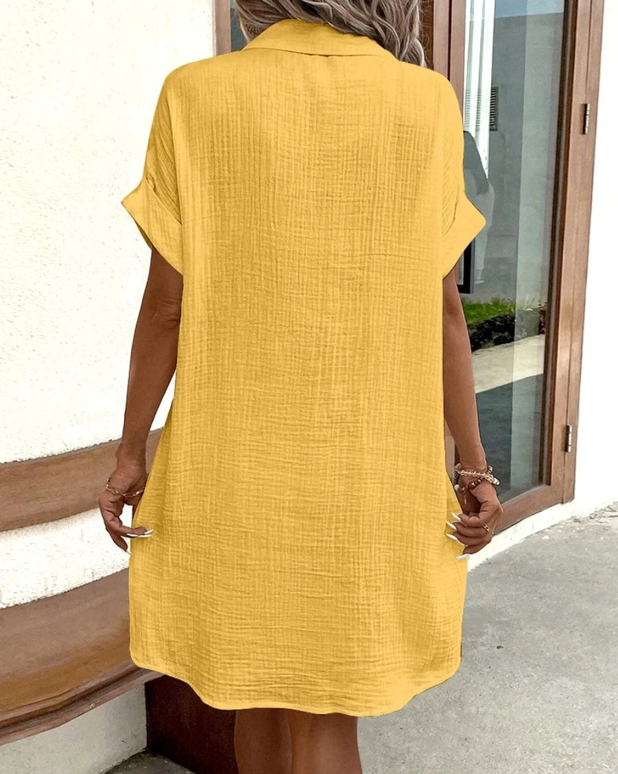 Mini robe Vintage en coton et lin pour femmes, couleur unie, mode d'été, col en v, manches trois quarts, décontractée, vacances MAEJORKEN