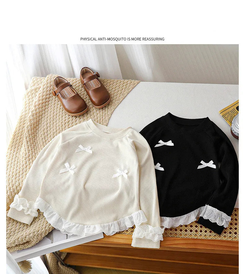T-shirt à manches longues pour filles, avec nœud en dentelle, Style coréen, chemise inférieure de printemps pour enfants, nouvelle collection automne MAEJORKEN