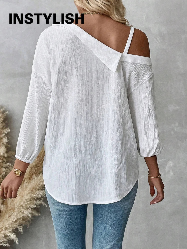 Chemise élégante pour femmes, épaules dénudées, trois quarts, chemisier sexy, décontracté, boutons unis, chemise ample, hauts de bureau pour femmes, streetwear, tuniques du S au XL MAEJORKEN