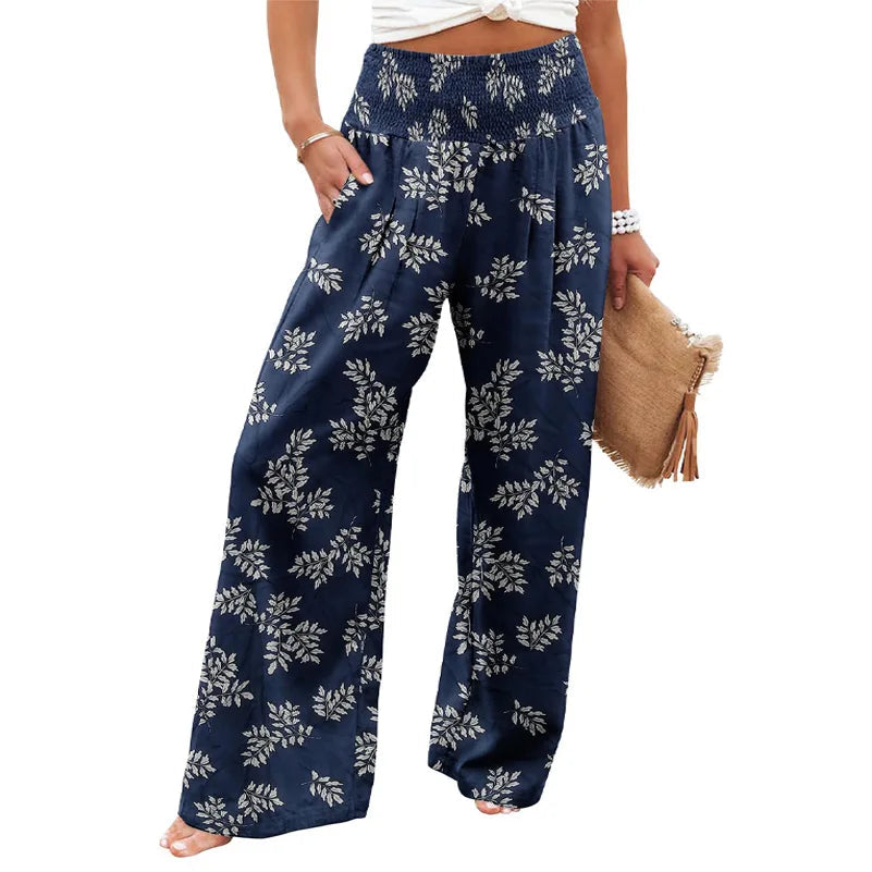 Pantalons pour femmes de grande taille, pantalons de plage à jambes larges imprimés de fleurs, pantalons décontractés de style bohème à taille élastique avec poches MAEJORKEN