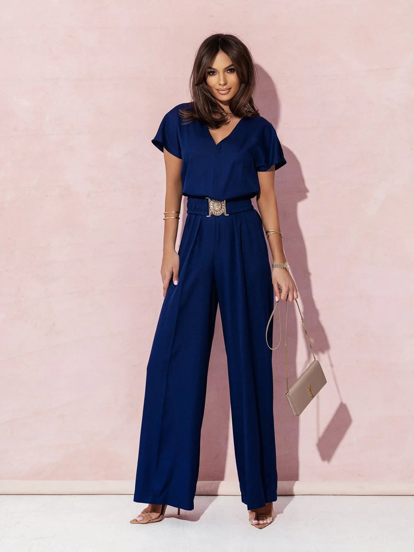 Mode col en v manches courtes taille haute combinaison femmes 2024 été solide jambe large élégant barboteuse Vintage combinaisons salopette femmes MAEJORKEN