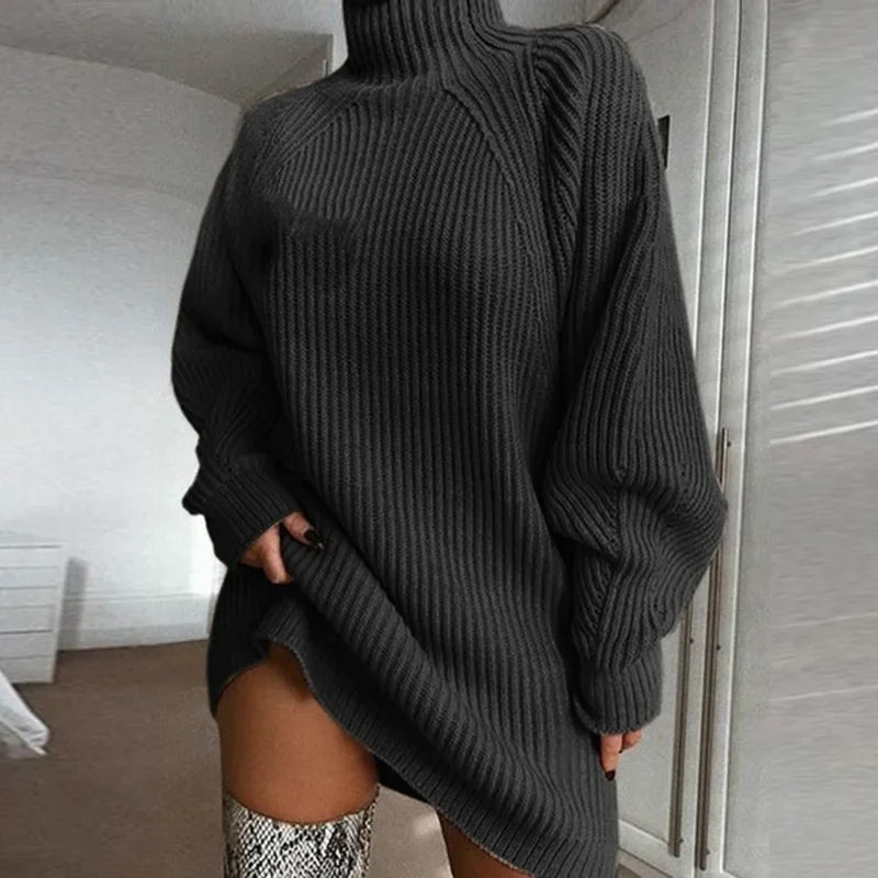 Robe tricotée ample de couleur unie pour femmes, nouvelle collection automne-hiver 2023, pull à manches longues et col roulé MAEJORKEN