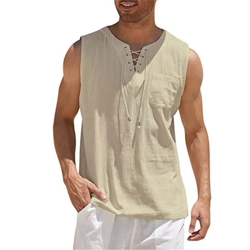 Chemises en coton et lin pour hommes, chemises à lacets rétro, chemise à col en V, précieux, chemise Y-adt, vêtements pour documents solides, chemises décontractées pour hommes MAEJORKEN