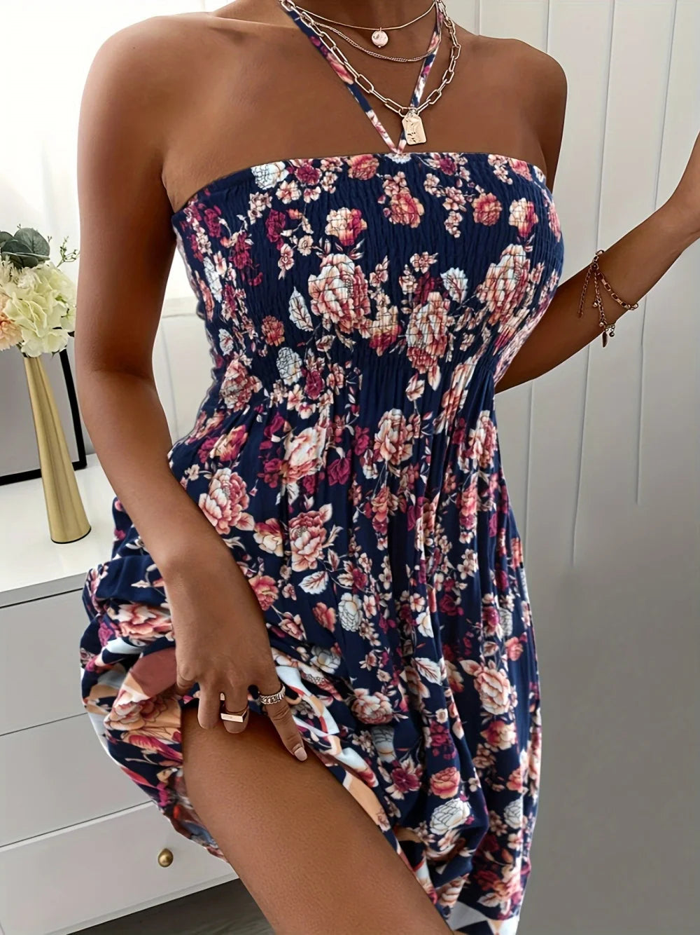 Grande taille femmes Boho fleur robe imprimée femmes sangle cou décontracté robe de vacances MAEJORKEN