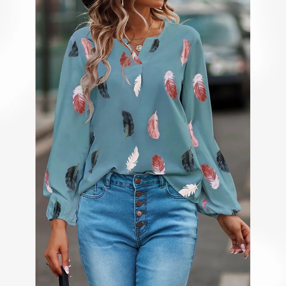 Chemisier femmes haut élégant à manches longues motif de plumes élégant en mousseline de soie du S au 3XL MAEJORKEN