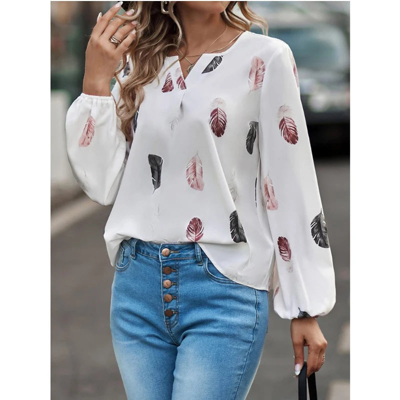 Chemisier femmes haut élégant à manches longues motif de plumes élégant en mousseline de soie du S au 3XL MAEJORKEN