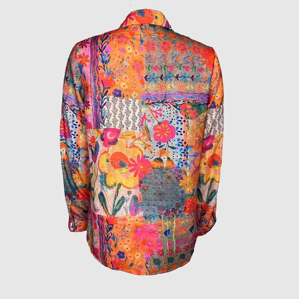 Cette chemise à manches longues de style bohème rétro avec motifs floraux colorés est tendance, polyvalente et accrocheuse. MAEJORKEN