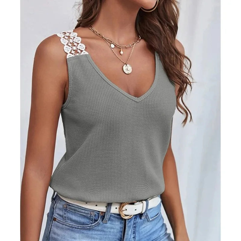 2025 été nouveau débardeur pour femmes couleur unie décontracté dentelle carreaux Patchwork gilet t-shirts hauts MAEJORKEN