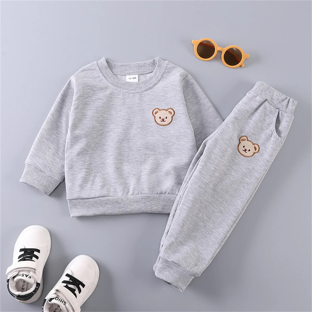 Ensemble 2 pièces pour enfants, pantalon Simple à manches longues et col rond avec tête d'ours, printemps et automne MAEJORKEN