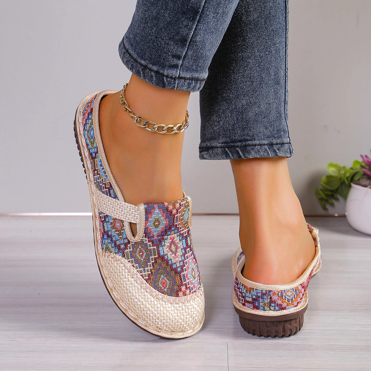 Mules style bohème pour femme, à bout ouvert, antidérapantes, décontractées, à bout rond MAEJORKEN