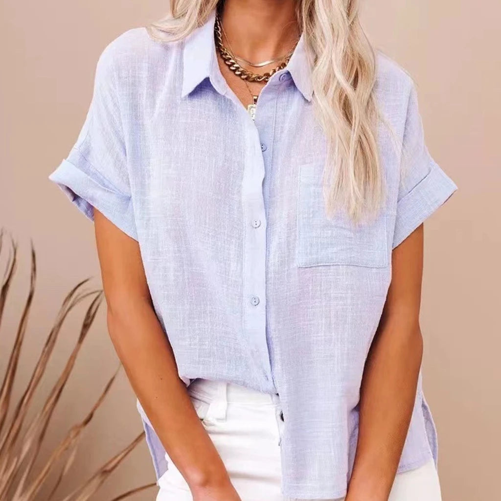 Hauts d'été élégants en coton et lin pour femmes, manches courtes, revers boutonné, chemise de couleur unie avec une poche décontractée MAEJORKEN
