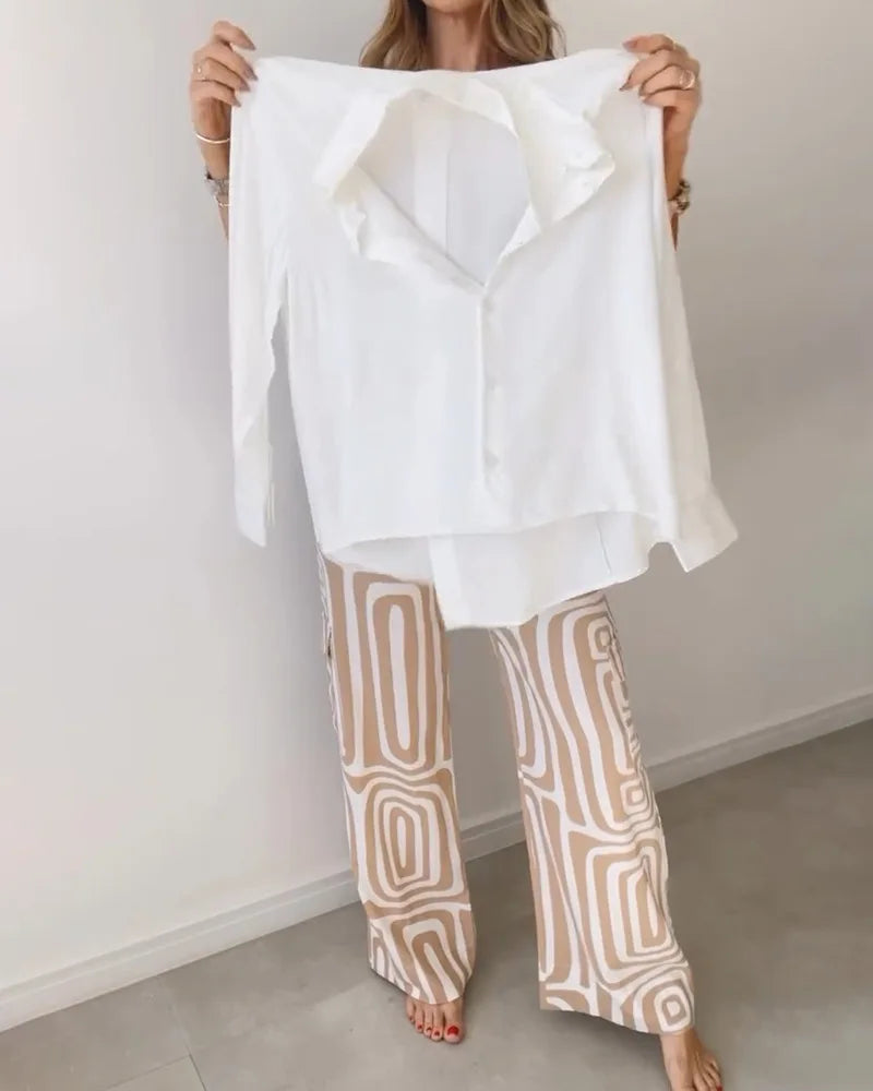 Ensemble élégant décontracté couleur unie taille élastique pantalon imprimé du S au 3XL