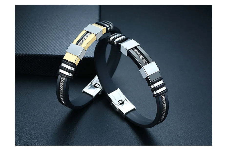 Vnox - Bracelet en acier inoxydable, bracelet pour homme, bracelet punk à maillons en silicone rainuré noir, bracelet punk élégant et décontracté MAEJORKEN