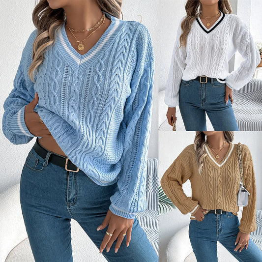 Pull en tricot torsadé à col en V pour femme, bloc de couleur, manches longues, ample, décontracté, tricoté MAEJORKEN