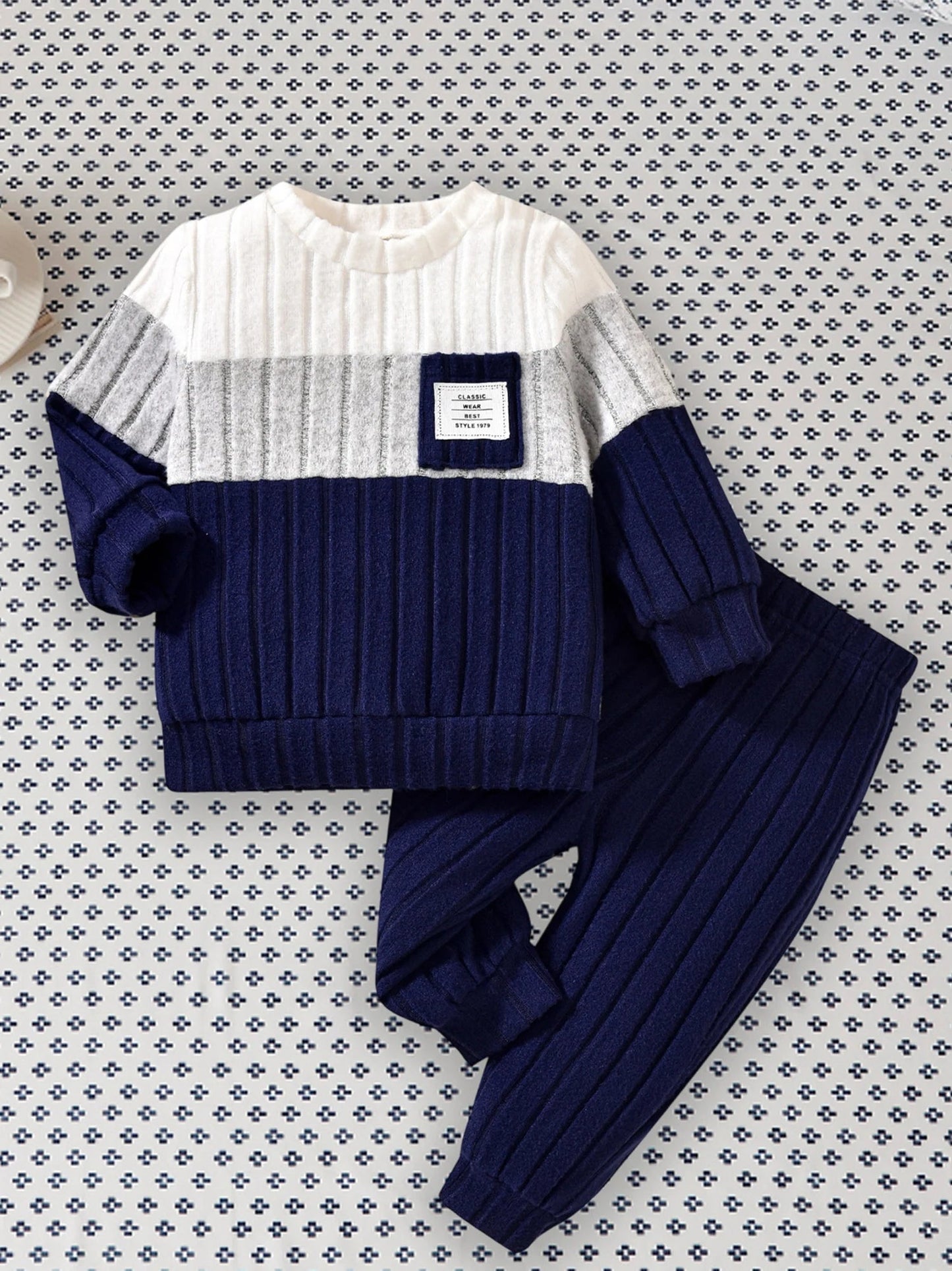 VISgogo 0-3 ans garçons automne 2 pièces ensembles de vêtements à manches longues col rond Patchwork pull couleur unie pantalon MAEJORKEN