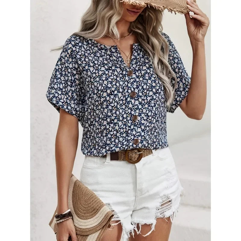 Chemises pour femmes grande taille 2025 printemps été nouvelle mode décontractée impression florale col en v manches courtes Blouses Style coréen vêtements MAEJORKEN