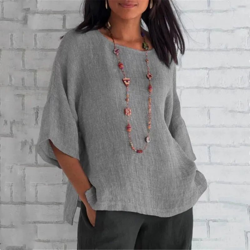 Chemisier en coton chemises d'été col rond trois quarts ample blouse décontractée hauts vêtements d'été pour les femmes Streetwear MAEJORKEN