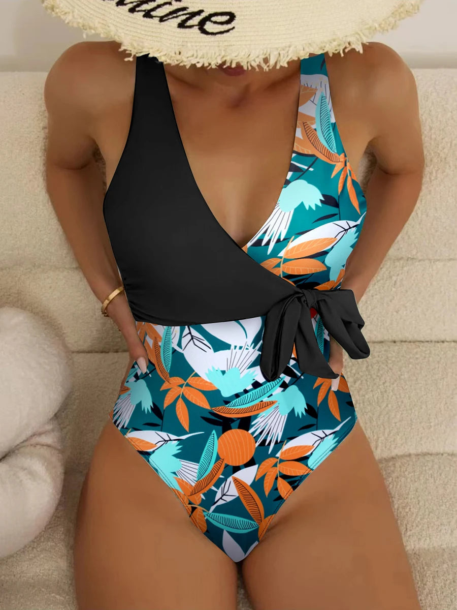 Maillot de bain une pièce imprimé tropical 2026 avec nœud latéral et ceinture, rembourré, pour femme, tenue de plage estivale MAEJORKEN