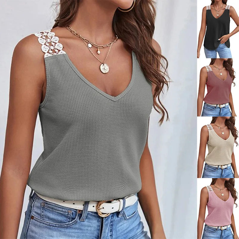 2025 été nouveau débardeur pour femmes couleur unie décontracté dentelle carreaux Patchwork gilet t-shirts hauts MAEJORKEN