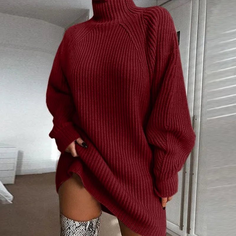 Robe tricotée ample de couleur unie pour femmes, nouvelle collection automne-hiver 2023, pull à manches longues et col roulé MAEJORKEN