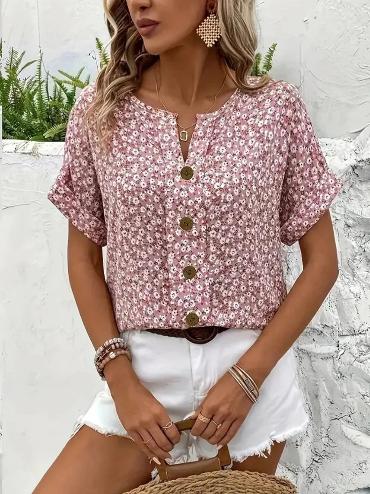Chemises pour femmes grande taille 2025 printemps été nouvelle mode décontractée impression florale col en v manches courtes Blouses Style coréen vêtements MAEJORKEN