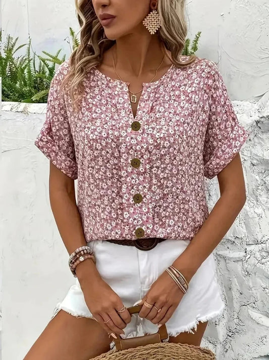 Chemises pour femmes grande taille 2025 printemps été nouvelle mode décontractée impression florale col en v manches courtes Blouses Style coréen vêtements MAEJORKEN
